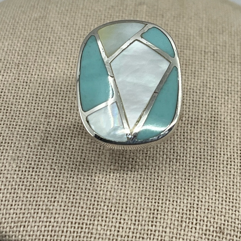 Vintage Thai 925 Sterling Silver Natural Turquoise MOP Inlay Ring Size 6 - Picture 3 of 16